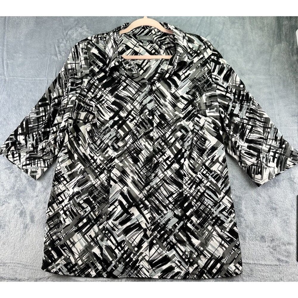 ESSENTIALS Brushstroke Button Up Top Size OX Black/White Abstract Shirt‎